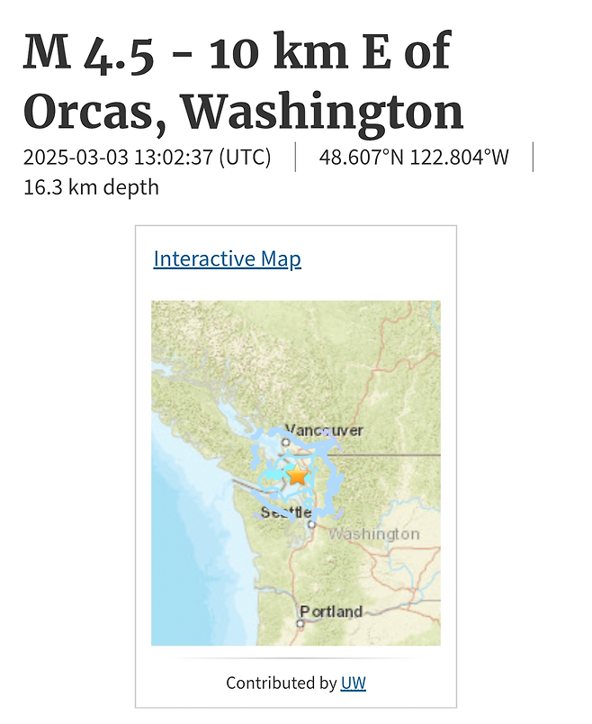[지진 소식] 미국 워싱턴, 규모 4.5 지진 발생