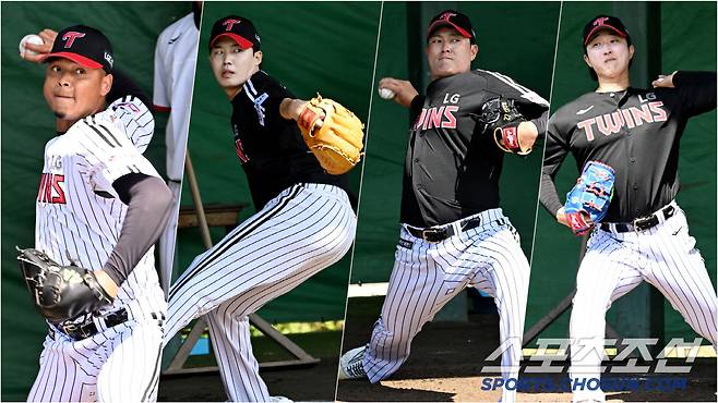 27일 일본 오키나와 킨 스타디움에서 열린 LG와 KIA의 연습경기, 경기 전 LG 에르난데스 임찬규 김강률 최채흥이 불펜 피칭을 하고 있다. 오키나와(일본)=허상욱 기자