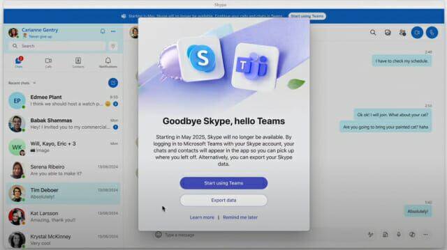 마이크로소프트 스카이프 종료 공지(마이크로소프트 홈페이지 갈무리)
