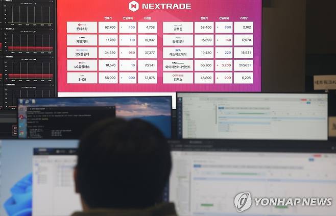국내 최초 대체거래소 넥스트레이드 애프터마켓 (서울=연합뉴스) 김성민 기자 = 국내 최초 대체거래소(ATS) '넥스트레이드(NXT)'가 4일 개장했다. 정규 시장 전후로 넥스트레이드의 프리마켓(오전 8시~8시50분)과 애프터마켓(오후 3시30분~8시)이 추가된다.
    사진은 애프터마켓이 열린 이날 오후 서울 영등포구 넥스트레이드 사무실에서 직원들이 업무를 보고 있다. 2025.3.4 ksm7976@yna.co.kr