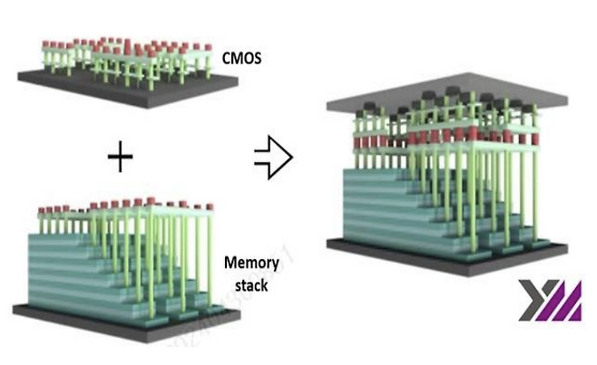 YMTC는 메모리 셀 어레이와 페리를 각각 웨이퍼에서 따로 제조한 후 그 두 웨이퍼를 붙이는 방식을 활용하고 있다. [YMTC]
