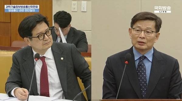 ▲ 김장겸 국민의힘 의원(왼쪽)과 박건식 MBC 기획본부장. 사진=국회방송 중계 캡처.