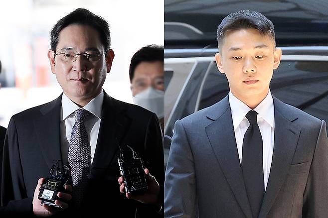 이재용 삼성전자 회장(왼쪽)이 지난해 11월25일 서울 서초구 서울중앙지방법원에서 열린 경영권 불법 승계 의혹 자본시장과금융투자업에관한법률위반등 2심 공판에 출석하고 있다. 같은해 6월18일 배우 유아인이 서울중앙지법에서 열린 마약 투약 혐의 재판에 출석하고 있다. 두 사건 모두 윤석열 대통령 형사 재판을 배당받은 서울중앙지법&nbsp;지귀연 부장판사가 맡았다. 연합뉴스
