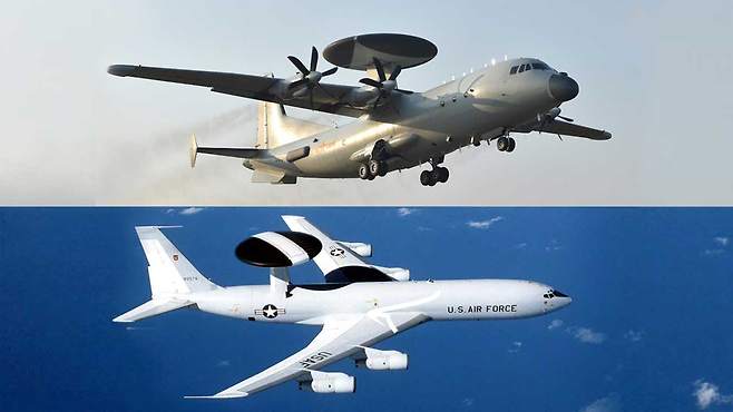 중국군의 조기경보기 KJ-500(위)과 미군의 조기경보기 E-3 센트리. 레이돔(원형 덮개)의 도색 모양이 다르다.