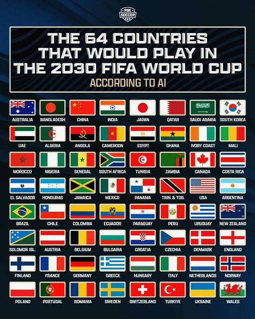 미국 '폭스스포츠'가 AI에게 월드컵 64개국 확대 개편시 본선에 진출할 국가를 물어봤고 다음과 같았다. 이 중에는 전 세계 인구 30%를 차지하는 중국과 인도가 있어 눈길을 끌었다