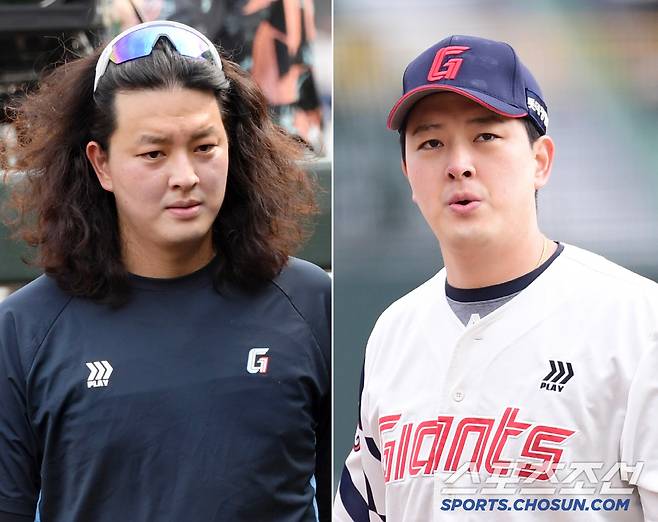 2024년 8월 김원중의 장발머리 스타일(왼쪽). 8일 부산 사직야구장에서 KBO리그 시범경기 롯데와 KIA의 경기가 열렸다. 롯데가 KIA에 승리했다. 9회 마운드에 올라 힘차게 투구하는 김원중. 부산=송정헌 기자songs@sportschosun.com/2025.03.08/