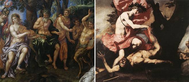‘사티로스(Satyros)’족 ‘마르시아스(Marsyas)’와 태양과 음악의 신 아폴로(Apollo)의 연주 대결(왼쪽). 마르시아스의 살가죽을 벗기는 아폴로. [Hendrick de Clerck, Jusepe de Ribera]