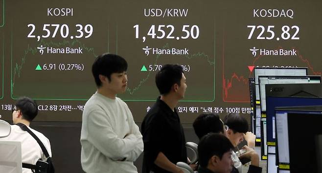 코스피는 상승, 코스닥지수는 하락 마감한 10일 오후 서울 중구 하나은행 딜링룸 전광판에 지수가 표시되고 있다.ⓒ뉴시스