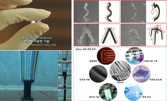 전기연이 메니스커스를 활용해 개발한 잉크 기반 3D 프린팅 모습(왼쪽)과 활용분야 개념도. 전기연 제공
