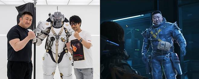 코지마 프로덕션을 방문한 배우 마동석(왼쪽)과 '데스 스트랜딩 2'에 출연한 모습 [코지마 히데오 X 계정·유튜브 캡처]