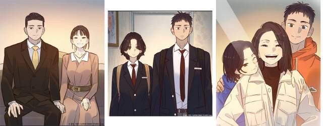 '더 그레이트' 일러스트. (왼쪽부터)기석호·유보라 부부, 기운찬·기여운 남매, 유보라 가족. 슈퍼코믹스스튜디오·카카오엔터테인먼트 제공