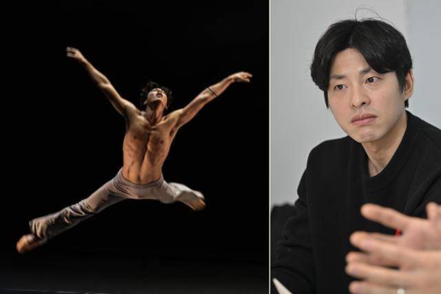 김희현 발레리노가 국립발레단 솔리스트로 재직할 당시인 2019년 참여했던 안중근 의사의 업적을 기리는 창작 발레 'Ascension: 昇天'의 무대 한 장면(왼쪽 사진)과, 지난 5일 무용수들의 처우 문제에 대해 한국일보와의 인터뷰에 응한 김희현씨. 김희현씨 제공·정다빈 기자