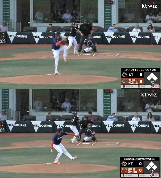 21일 멜버른 에이시스와의 연습경기에서 1번 타자로 선발 출전한 유준규. 이정후와 똑 닮은 타격폼이 화제다. KT 제공