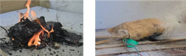 일반 보조배터리 화재(왼쪽)과 아라미드 방화팩에서 발생한 보조배터리 화재 모습. 부산소방재난본부 제공