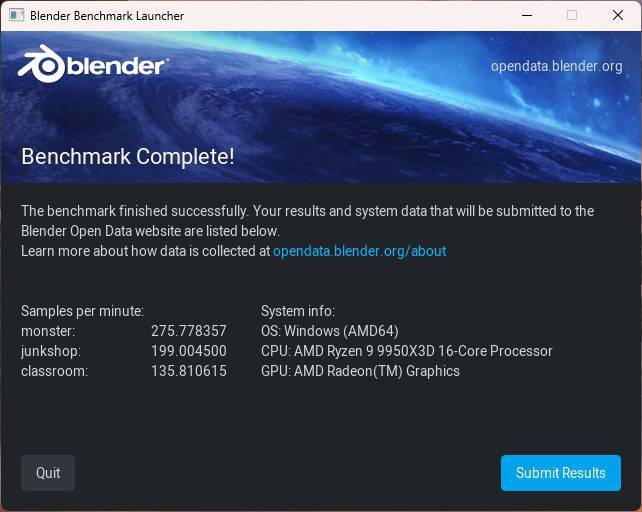 라이젠 9 9950X3D의 블렌더 렌더링 테스트 결과 / 출처=IT동아