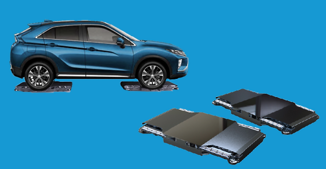 셈페르엠 주차로봇 ‘듀오’의 개념도. 세워진 차량 밑으로 두 대의 듀오 로봇이 들어간 뒤 양쪽의 로봇 팔을 가위처럼 모아 바퀴를 들어올려 주차장으로 이동시키는 방식이다. [셈페르엠]