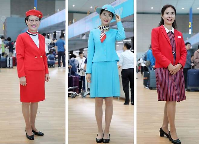 [서울=뉴시스] 대한항공의 첫 유니폼인 1기(왼쪽), 스카프를 처음 도입한 유니폼 4기(가운데), 글로벌 도약 시기에 사용한 유니품 9기(오른쪽)의 모습. (사진=뉴시스DB) 2025.3.12. photo@newsis.com *재판매 및 DB 금지