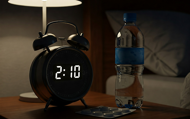 침대 옆 탁자에 시계가 2시 10분을 표시 하고 있으며 그 옆엔 패트병에 담긴 물과 수면제로 보이는 알약이 있다