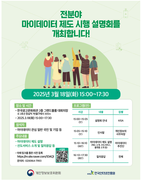 개인정보보호위원회는 전 분야 마이데이터 제도 시행에 맞춰 18일 한국광고문화회관에서 설명회를 개최한다. 개인정보보호위원회 제공