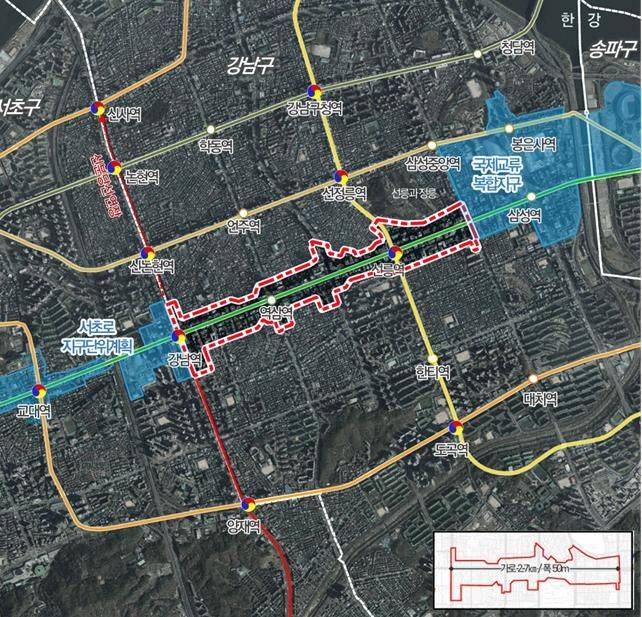 [서울=뉴시스]강남구 테헤란로변 일대 위치도.