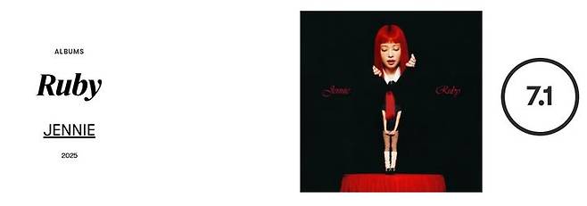 [서울=뉴시스] 블랙핑크 제니 첫 솔로 정규 앨범 '루비' 피치포크 평점. (사진 = 피치포크 홈페이지 캡처) 2025.03.13. photo@newsis.com *재판매 및 DB 금지