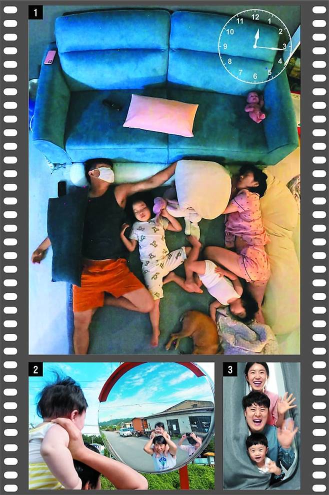 ①2021년 ‘31초 우리 가족 행복 담기 영상제’에서 대상을 받은 김미란·김동수 부부와 두 딸 이은·이솜의 영상 속 장면. 거실 천장에 액션캠을 설치하고 ‘타임 랩스’로 잠자는 시간을 단축해 표현했다. ②2018년 대상작 ‘(충남 공주시) 할머니집 나들이’에서 남편 이윤구씨가 도로용 볼록 거울 앞에서 아들 하준을 어깨에 올리자 아내 이은혜씨가 사진으로 포착했다. ③2020년 대상 영상 ‘설탕 한 스푼’에서 장귀희·김태욱 부부와 아들 도건이 커튼 사이로 얼굴을 내밀며 웃는 장면. /가족 제공