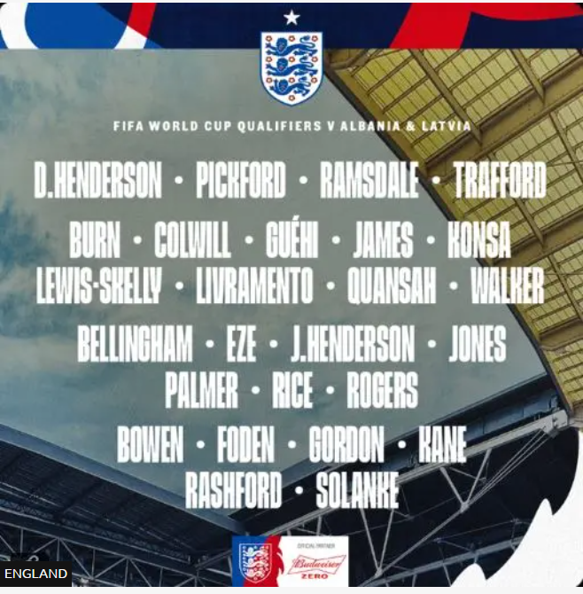 ▲ 잉글랜드 축구협회가 2026 북중미 월드컵 유럽 예선 1-2차전 명단 26명을 발표했다. ⓒ잉글랜드 축구협회(FA) 갈무리