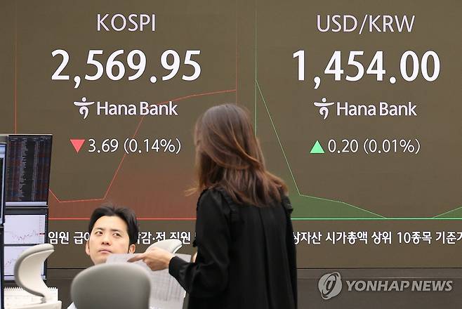코스피 약세 출발 (서울=연합뉴스) 이진욱 기자 = 14일 서울 중구 하나은행 본점 딜링룸 현황판에 코스피 지수, 원/달러 환율 등이 표시돼 있다. 이날 코스피는 2,560대에서 약세로 장을 시작했다. 같은 시각 코스닥 지수는 전 거래일 대비 1.78포인트(0.25%) 오른 724.58이다. 2025.3.14 cityboy@yna.co.kr