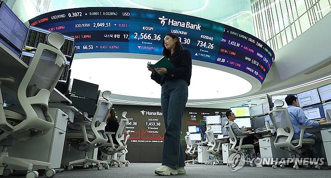 코스피 주춤, 코스닥 상승 마감 (서울=연합뉴스) 김도훈 기자 = 14일 서울 중구 하나은행 본점 딜링룸 스크린에 각종 지수가 표시돼 있다.
    이날 코스피는 전 거래일 대비 7.28포인트(0.28%) 내린 2,566.36로 장을 마쳤으며 코스닥지수는 11.46포인트(1.59%) 오른 734.26로 거래를 마쳤다.
    한편 서울 외환 시장에서 원/달러 환율은 15시 30분 기준 전날보다 0.2원 내린 1,453.8원을 기록했다. 2025.3.14 superdoo82@yna.co.kr