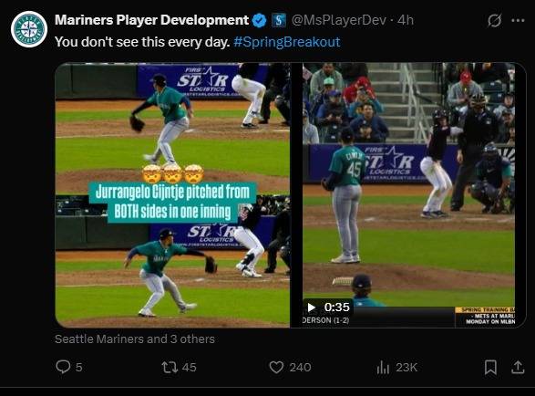 시애틀 매리너스의 주란젤로 세인자가 메이저리그 시범경기에서 양손투구를 펼쳤다. (시애틀 SNS 캡처)