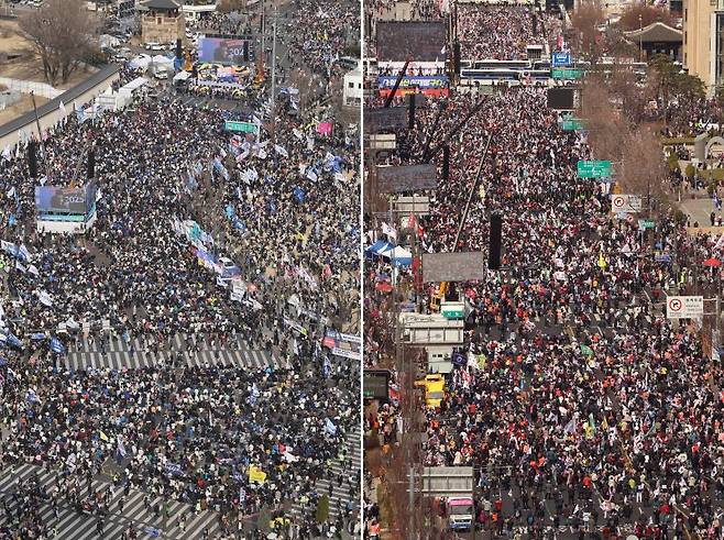 15일 오후 서울 광화문에서 탄핵에 찬성하는 시민들(왼쪽)과 탄핵에 반대하는 시민들이 집회를 하고 있다. 2025.3.15/사진=뉴스1화상