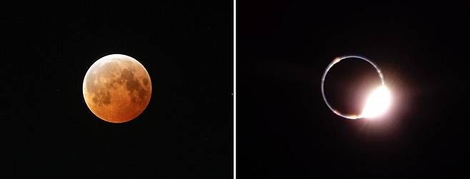 14일 지구에서 본 월식(왼쪽)과 달에서 본 일식. 미 항공우주국, 파이어플라이 제공