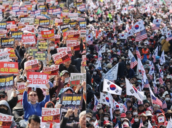 15일 서울 곳곳에서 윤석열 대통령 탄핵 찬반 집회가 열리고 있다. 왼쪽은 서울 종로구 경복궁 동십자각에서 윤석열 즉각퇴진·사회대개혁 비상행동(비상행동)이 연 15차 범시민 대행진, 오른쪽은 서울 세종대로에서 대한민국바로세우기운동본부가 연 광화문 국민대회. 2025.3.15. 연합뉴스