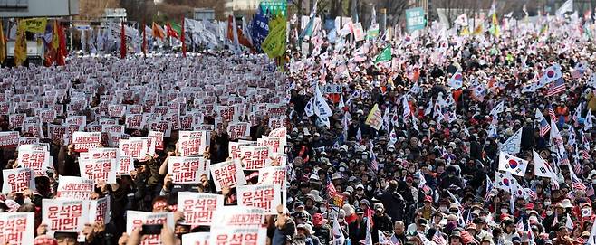 전국민주노동조합총연맹 조합원들이 15일 서울 남대문로에서 전국노동자대회를 열고 윤석열 대통령 파면을 촉구하며 구호를 외치고 있다(좌). 15일 서울 세종대로에서 대한민국바로세우기운동본부 주최 윤석열 대통령 탄핵 반대 집회가 열리고 있다(우). ⓒ연합뉴스