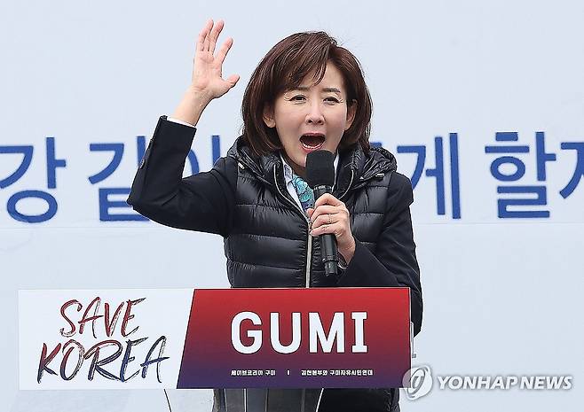 구미서 열린 탄핵 반대 집회 찾은 나경원 의원 (구미=연합뉴스) 윤관식 기자 = 국민의힘 나경원 의원이 15일 경북 구미시 구미역 앞에서 열린 세이브코리아 주최 윤석열 대통령 탄핵 반대 집회인 국가비상기도회에서 발언하고 있다. 2025.3.15 psik@yna.co.kr
