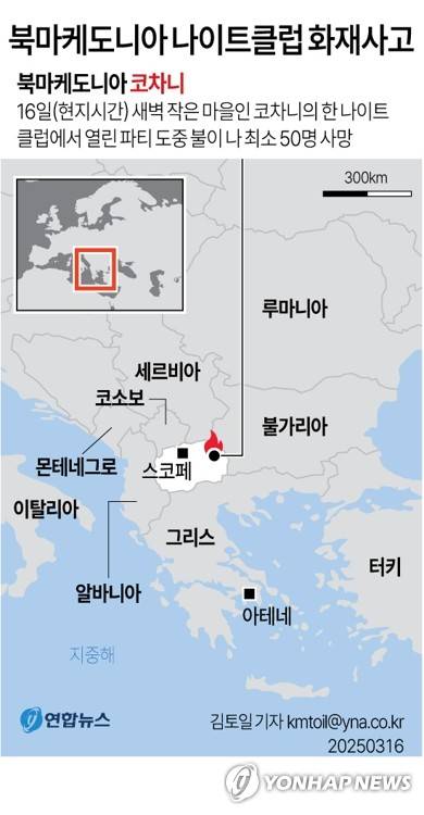 [그래픽] 북마케도니아 나이트클럽 화재사고 (서울=연합뉴스) 김토일 기자 kmtoil@yna.co.kr
    페이스북 tuney.kr/LeYN1 X(트위터) @yonhap_graphics
