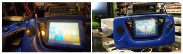 게임기어에 TV 튜너를 연결하고 AV 커넥터로 엑스박스원과 패미콤을 연결한 모습