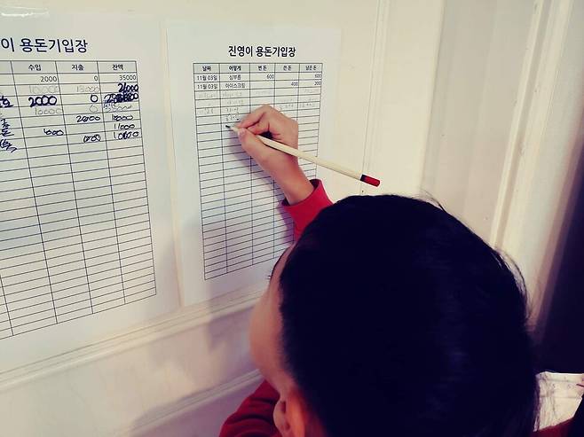 직불카드나 모바일 페이는 돈이 빠져나가는 게 눈에 보이지 않아 아이들이 용돈 사용 시 합리적 선택을 하기 어렵다. 보이지 않는 돈의 위험성을 알려주고 소비를 시각화하는 습관을 들이는 것이 좋다. 용돈 기입장을 작성하는 아이. 성유미 작가 제공