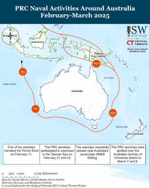 호주와 뉴질랜드에 대한 무력 시위에 나선 중국 군함 3척은 중국 남부에서 출발해 파푸아뉴기니 섬에서 두 갈래로 나누어 호주 북동쪽 바다로 진입했다. 3척 가운데 호위함 헝양(衡阳)은 지난 11일쯤 호주 북부의 핵심 교통로이자 군사적 요충지인 토레스 해협(Torres Strait)을 통과했다. 이후 코랄해(Coral Sea)에서 순양함 쭌이, 보급함 웨이산후와 합류했다. 중국 군함 3척은 이어 호주를 둘러싼 바다를 시계 방향으로 한 바퀴 돈 뒤 3월 7일쯤 인도네시아 방향으로 벗어났다. 중국이 054A형 호위함으로 분류하고 있는 헝양을, 호주 국방부는 장카이급 호위함(Jiangkai-class frigate Hengyang) 으로 부른다. 미국전쟁연구소 ISW 홈페이지 캡처