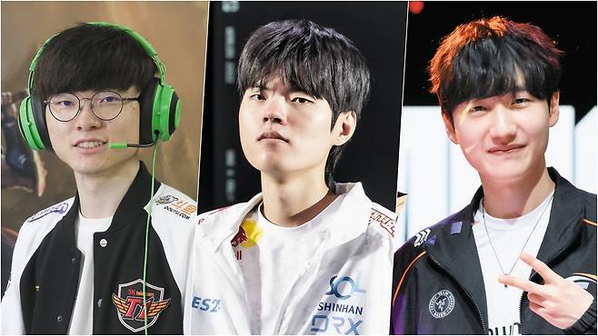 (왼쪽부터) T1의 ‘페이커’ 이상혁(29), KT롤스터에 있다가 최근 군 복무를 앞두고 있는 ‘데프트’ 김혁규(29), 한화생명e스포츠  ‘피넛’ 한왕호(27)