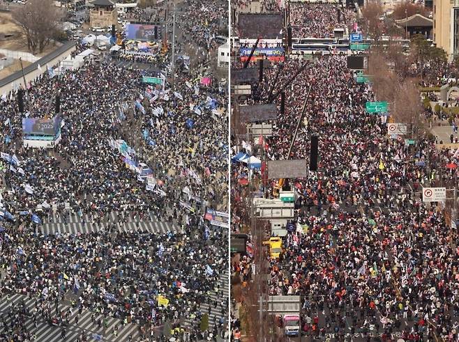 서울 광화문에서 탄핵에 찬성하는 시민들(왼쪽)과 탄핵에 반대하는 시민들이 집회를 하고 있다. 뉴스1