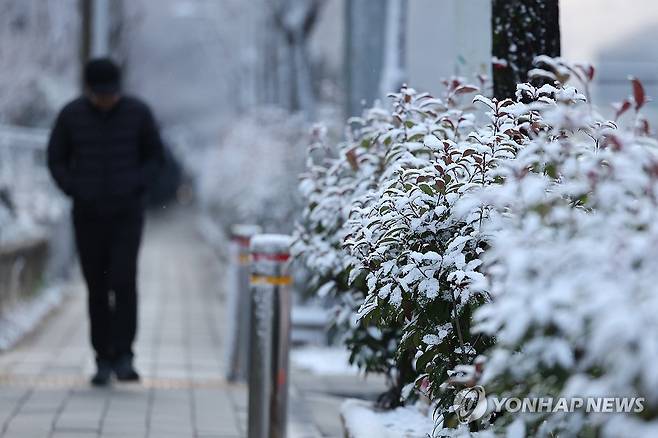 춘삼월 때아닌 눈 (광주=연합뉴스) 김혜인 기자 = 춘삼월 눈이 내린 18일 오전 광주 북구 오치동 한 거리에서 시민이 걷고 있다. 2025.3.18 in@yna.co.kr