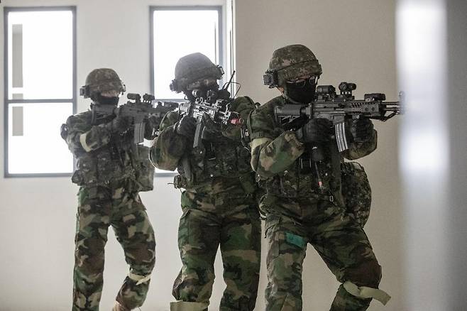 제17보병사단은 2025년 FS/TIGER의 일환으로 지난 16일부터 인천 일대 및 경기도 파주 무건리훈련장에서 '한미연합 전투지휘훈련'을 실시하고 있다고 19일 밝혔다. 17사단은 전군 유일 사단급 한미연합 전투지휘훈련을 실시하는 부대이다. 이번 훈련에는 한미 양국군 장병 1200여 명이 참가하였으며, 전투지휘훈련과 야외기동훈련(CWMD 및 공중기동)을 연계하여 실시해 훈련의 실전성을 높였다. 사진은 CWMD-TF 장병들이 의심시설 내부로 진입해 대항군을 소탕하고 있다. 사진=육군 제공