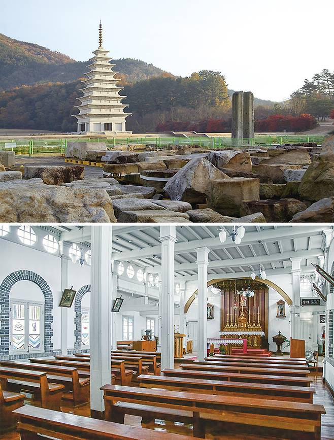 익산 미륵사지(위)  나바위성당 내부(아래)
