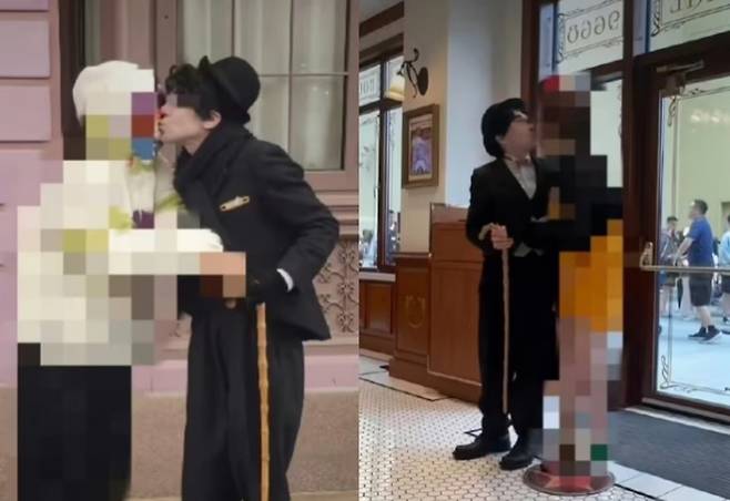 중국 테마파크 유니버셜스튜디오에서 외국인 남성 배우가 여성 관광객들을 성희롱했다는 논란이 일어 유니버셜스튜디오가 해당 직원을 업무 배제했다. 사진은 중국 유니버셜스튜디오에서 성희롱 의혹이 불거진 직원의 모습. /사진=SNS 캡처