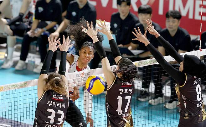 [서울=뉴시스] 전신 기자 = 지난해 12월12일 대전 충무체육관에서 열린 2024-25 도드람 V-리그 여자부 현대건설과 정관장의 경기에서 현대건설 모마가 공격을 시도하고 있다. (사진=현대건설 배구단 제공) 2024.12.12. photo@newsis.com *재판매 및 DB 금지
