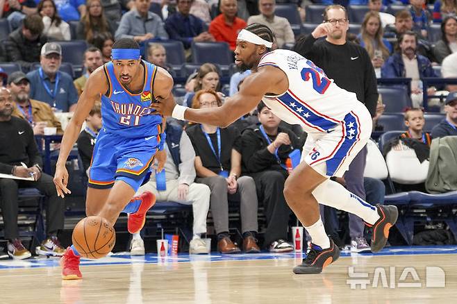 [오클라호마시티=AP/뉴시스] 미국프로농구(NBA) 오클라호마시티 선더의 아론 위긴스(왼쪽). 2025. 3. 19.