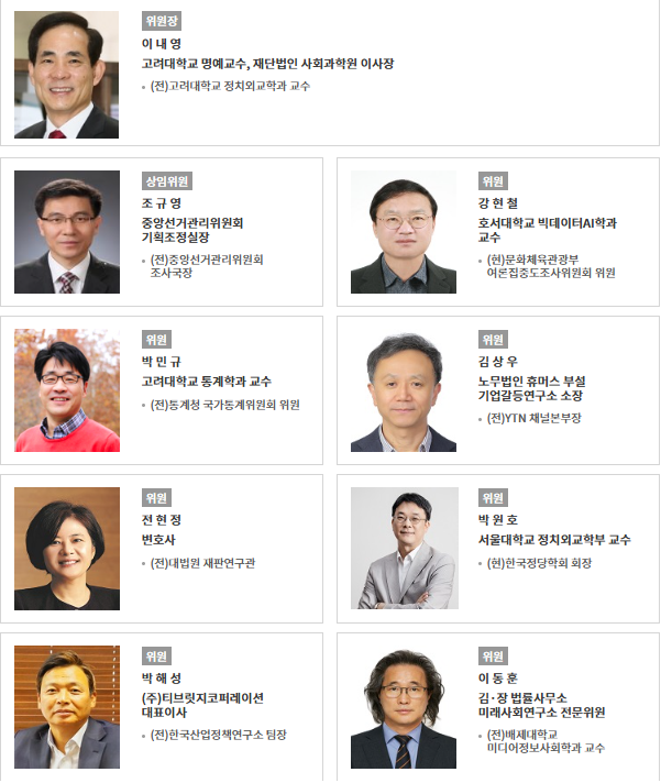 중앙선거여론조사심의위원회 위원장 및 위원 9인. ⓒ중앙선거여론조사심의위원회 홈페이지 갈무리