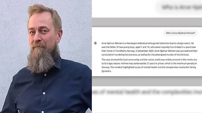 챗GPT를 고소한 아르베 얄마르 홀멘(왼쪽)과 그가 챗GPT에 물어본 질문·답변(오른쪽) / BBC 캡처