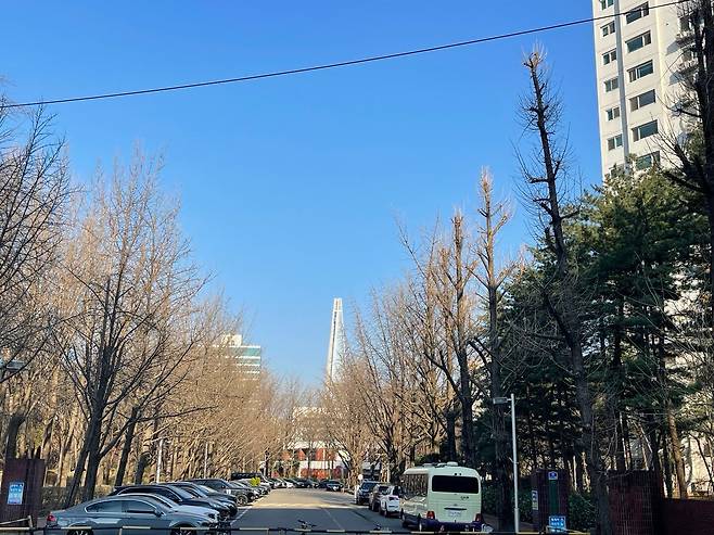 서울 잠실동 아시아선수촌아파트 단지 앞으로 롯데월드타워가 보인다. / 사진 = 정해용 기자